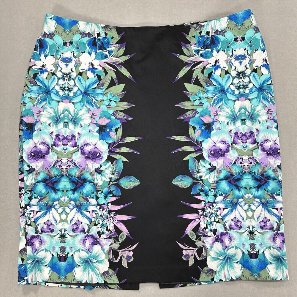 Roz & Ali Skirt Women 20 Black Midi Cotton Pencil Stretch Colorful Floral Casual